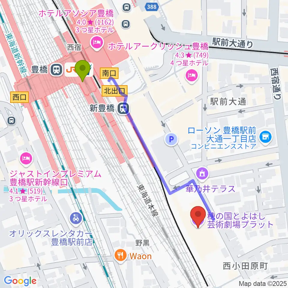 穂の国とよはし芸術劇場プラットの最寄駅豊橋駅からの徒歩ルート（約5分）地図