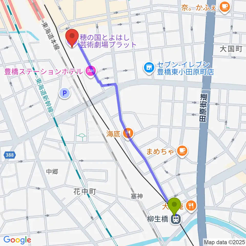 柳生橋駅から穂の国とよはし芸術劇場プラットへのルートマップ地図