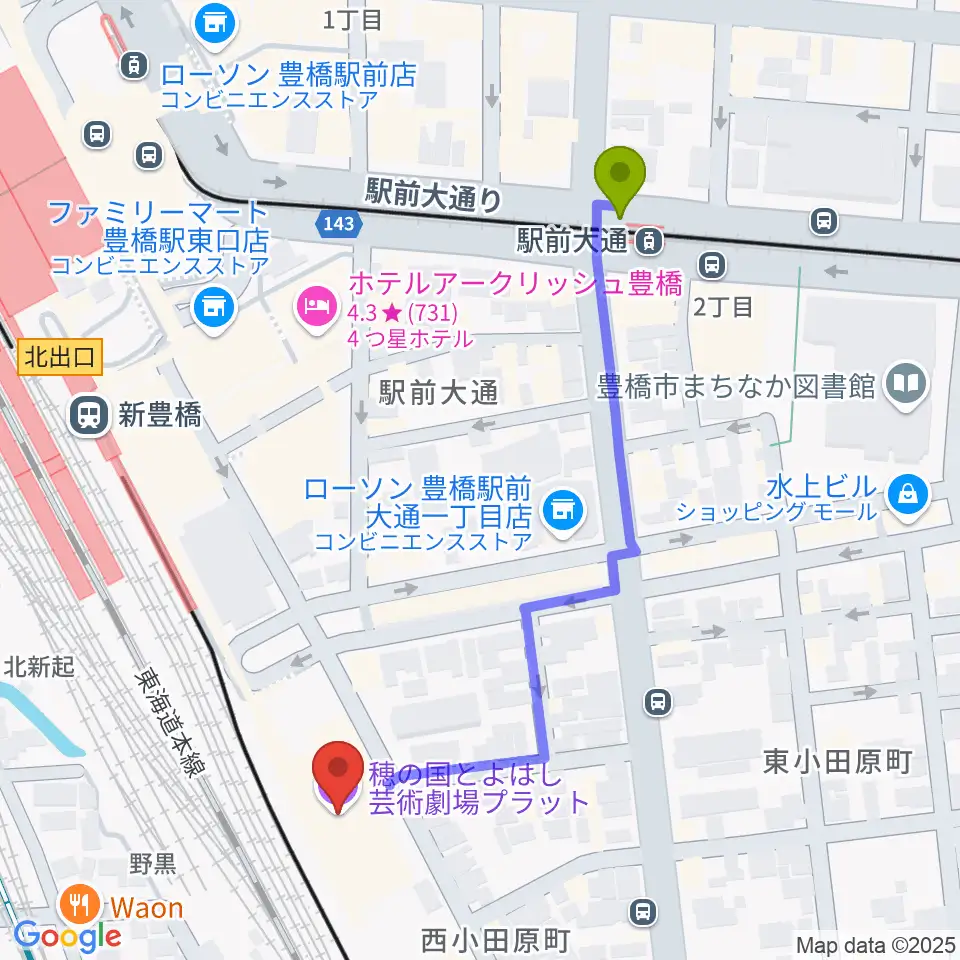 駅前大通駅から穂の国とよはし芸術劇場プラットへのルートマップ地図