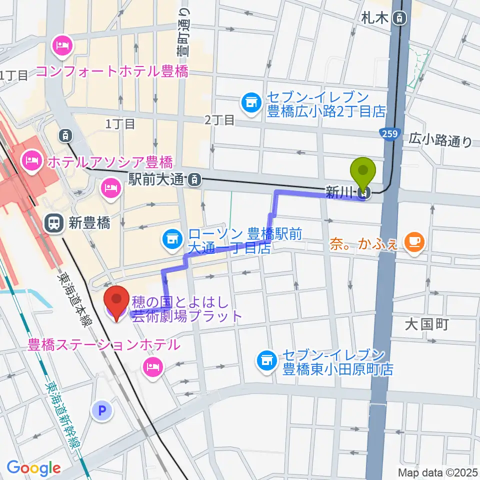 新川駅から穂の国とよはし芸術劇場プラットへのルートマップ地図