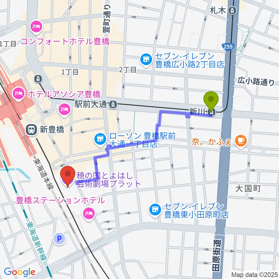新川駅から穂の国とよはし芸術劇場プラットへのルートマップ地図