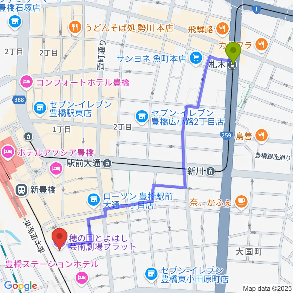 札木駅から穂の国とよはし芸術劇場プラットへのルートマップ地図