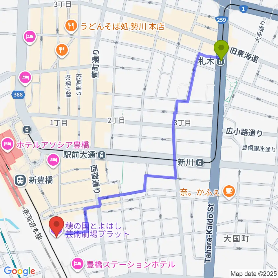 札木駅から穂の国とよはし芸術劇場プラットへのルートマップ地図