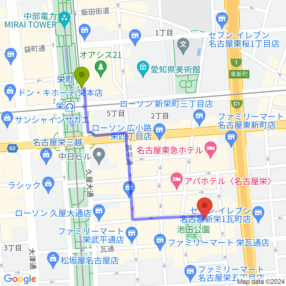 栄町駅から名古屋レッドドラゴンへのルートマップ地図