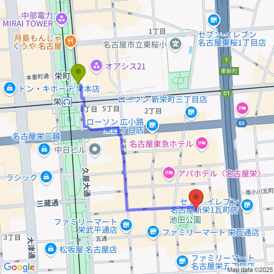 栄町駅から名古屋レッドドラゴンへのルートマップ地図