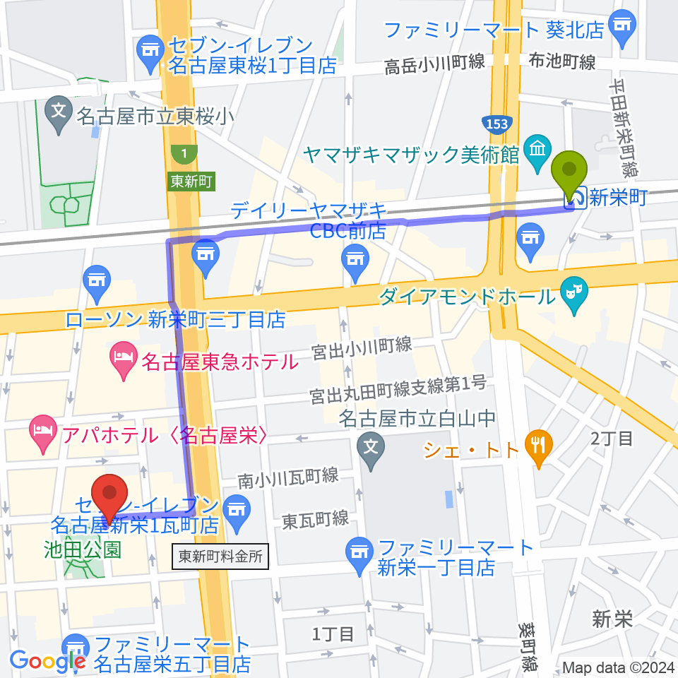 新栄町駅から名古屋レッドドラゴンへのルートマップ地図