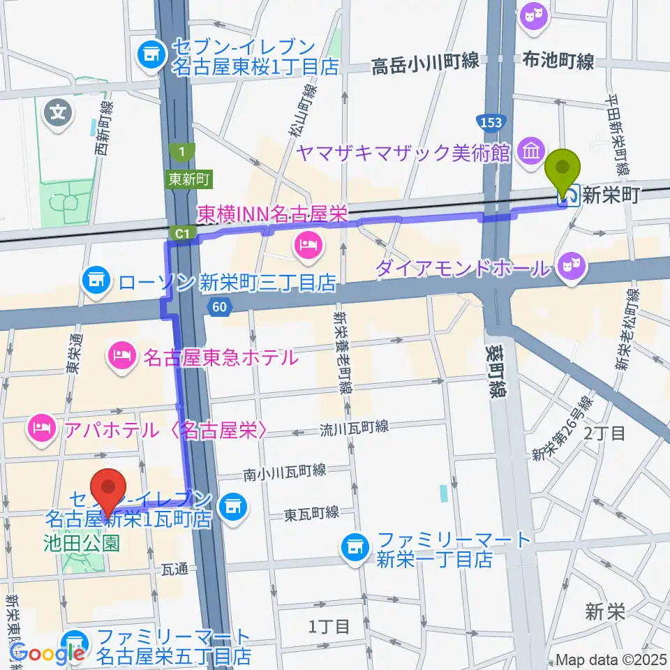新栄町駅から名古屋レッドドラゴンへのルートマップ地図