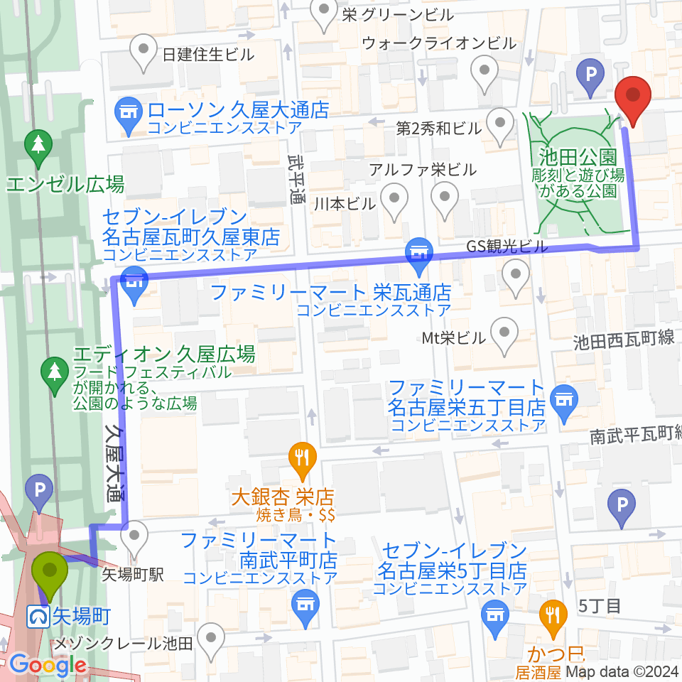 名古屋レッドドラゴンの最寄駅矢場町駅からの徒歩ルート（約9分）地図