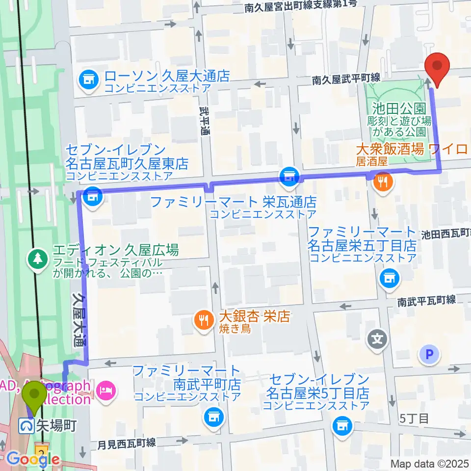 名古屋レッドドラゴンの最寄駅矢場町駅からの徒歩ルート（約9分）地図