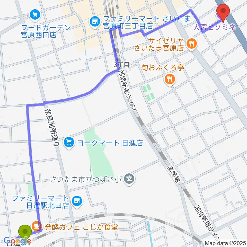 日進駅からヒソミネへのルートマップ地図