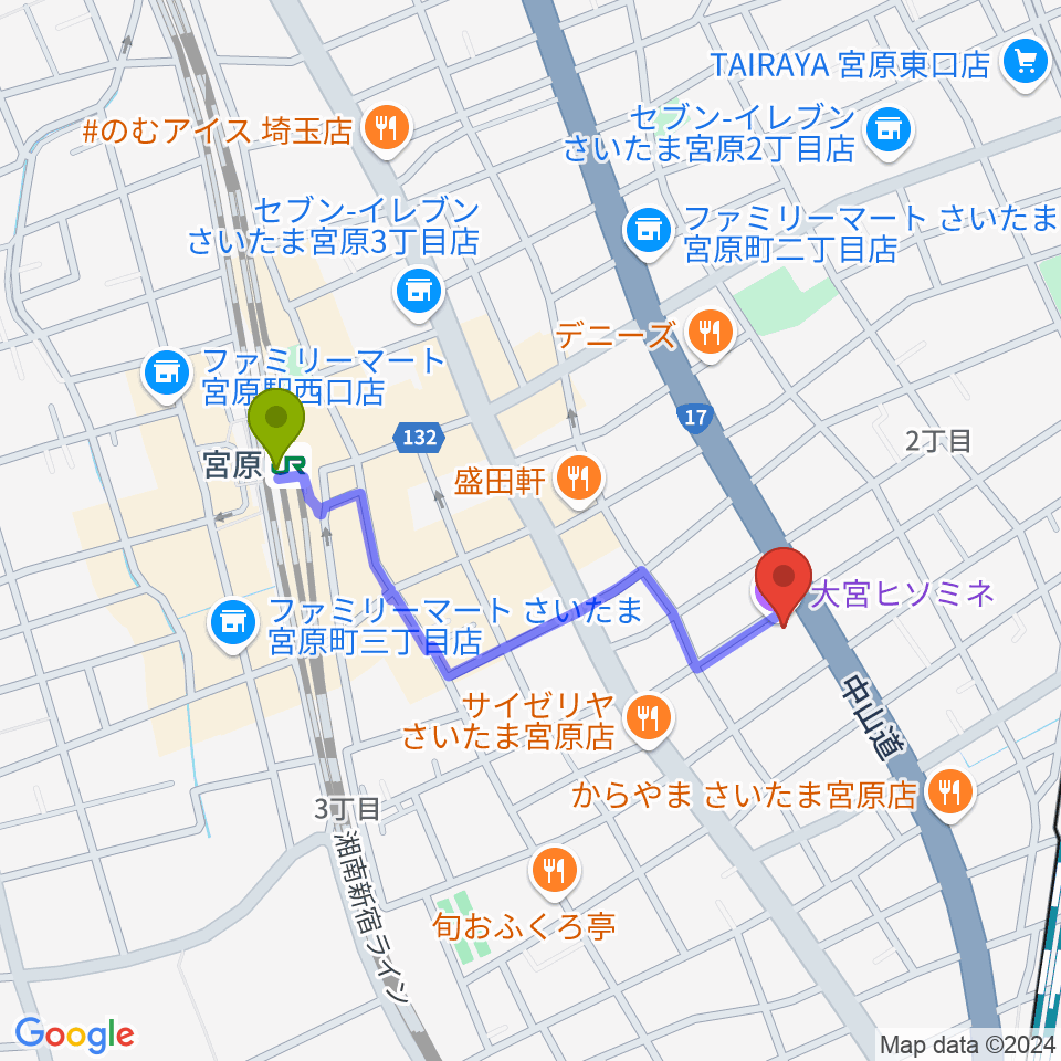 宮原駅からヒソミネへのルートマップ地図