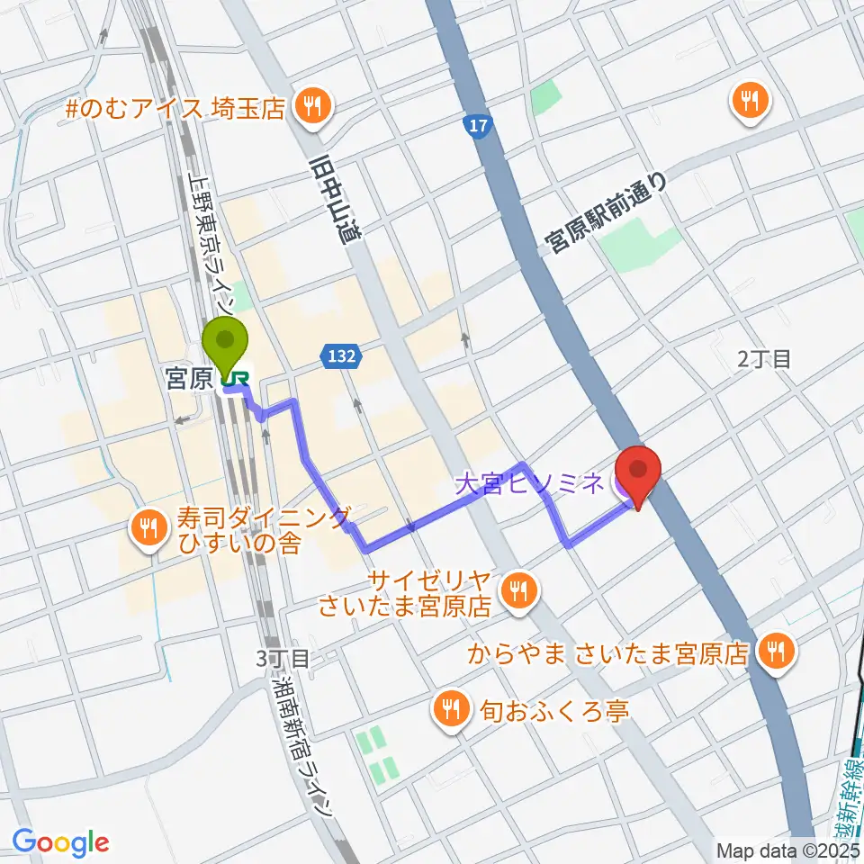 宮原駅からヒソミネへのルートマップ地図