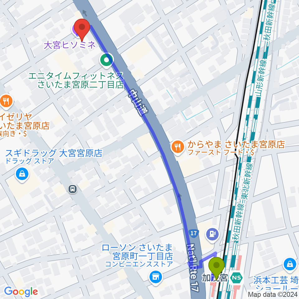 ヒソミネの最寄駅加茂宮駅からの徒歩ルート（約7分）地図