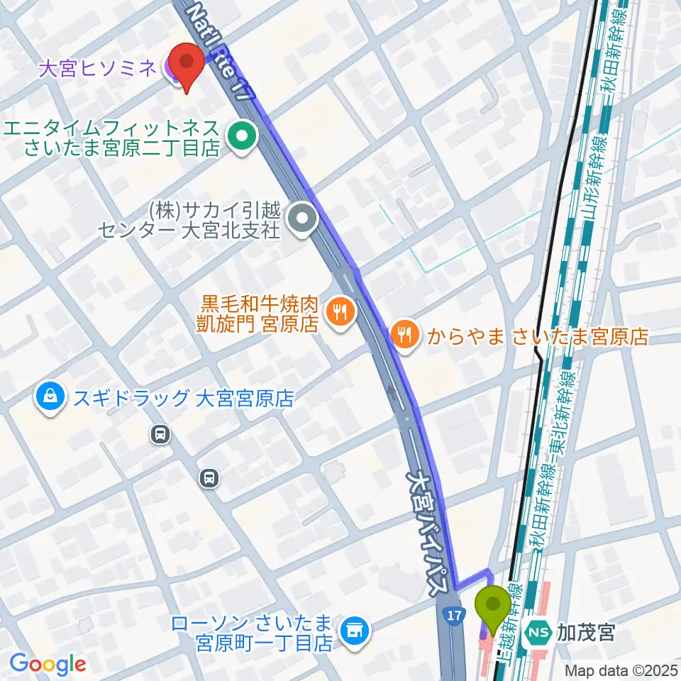 ヒソミネの最寄駅加茂宮駅からの徒歩ルート（約7分）地図