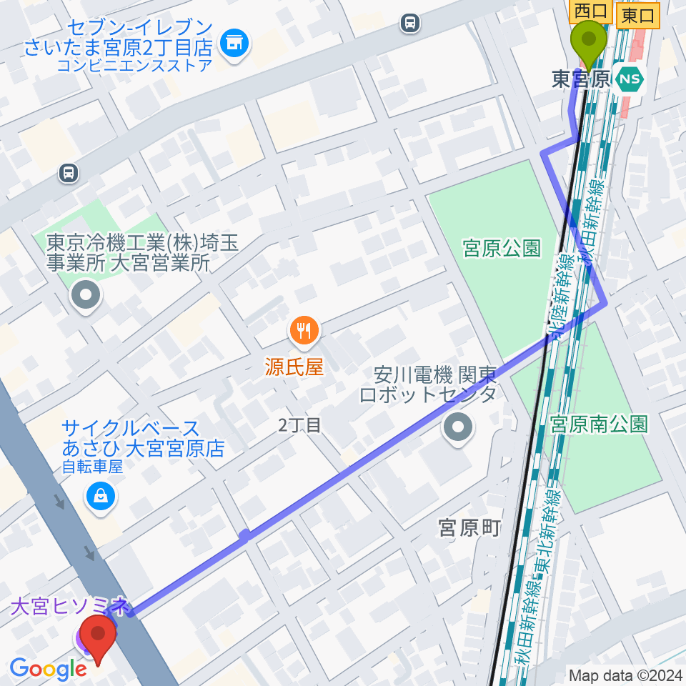 東宮原駅からヒソミネへのルートマップ地図