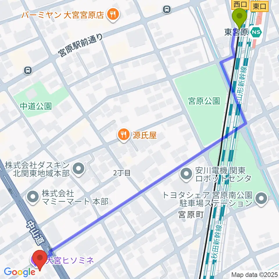 東宮原駅からヒソミネへのルートマップ地図