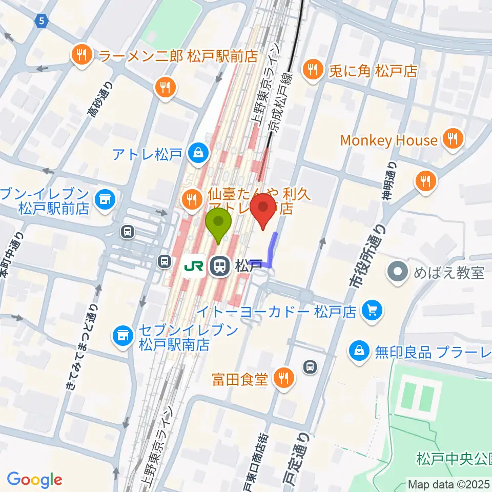 伊藤楽器 松戸店の最寄駅松戸駅からの徒歩ルート（約1分）地図