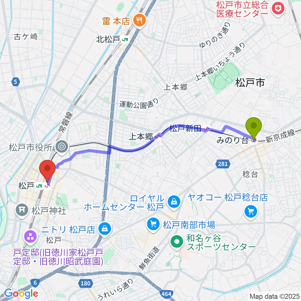 みのり台駅から伊藤楽器 松戸店へのルートマップ地図