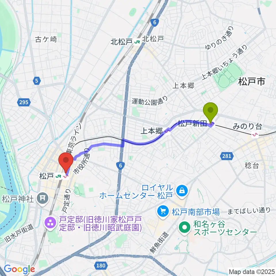 松戸新田駅から伊藤楽器 松戸店へのルートマップ地図