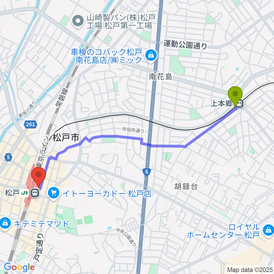 上本郷駅から伊藤楽器 松戸店へのルートマップ地図