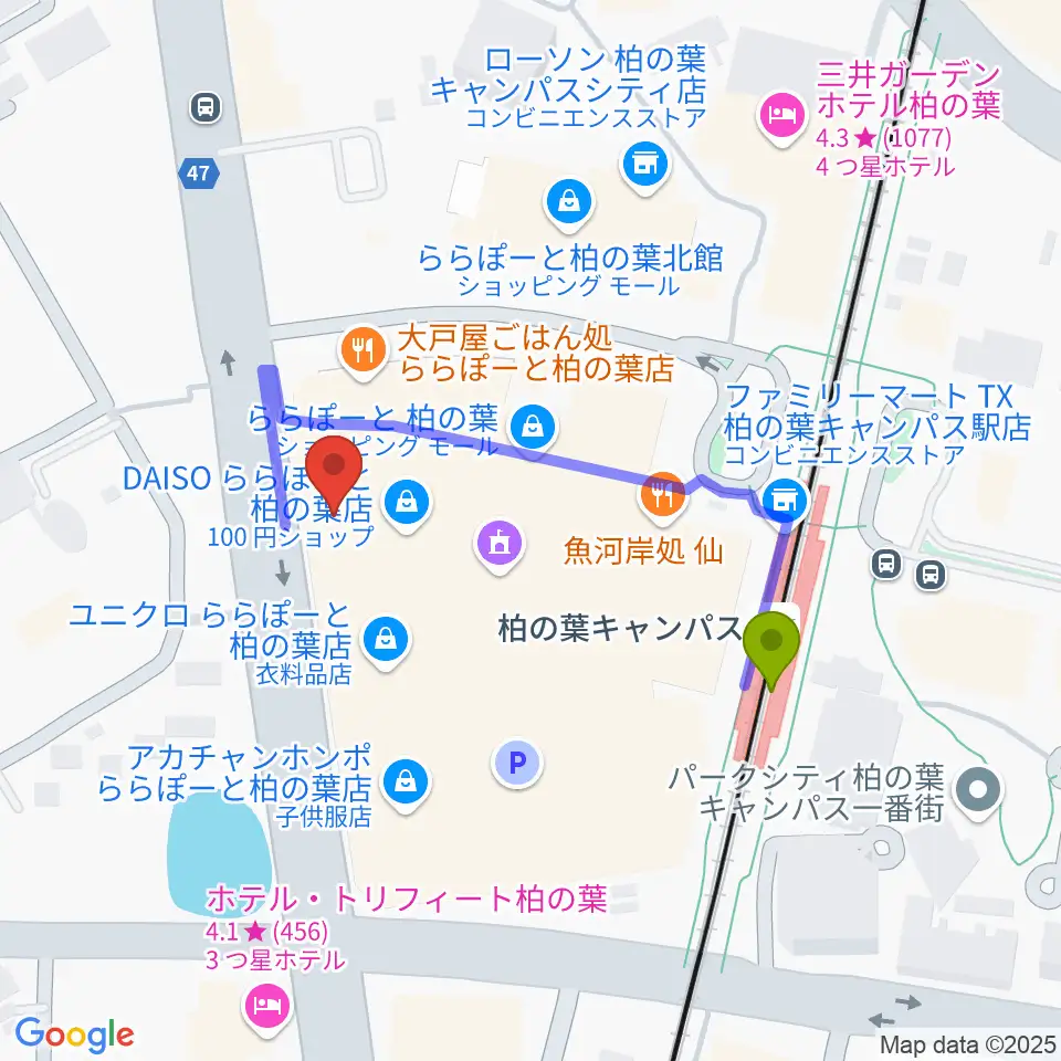 伊藤楽器ららぽーと柏の葉センターの最寄駅柏の葉キャンパス駅からの徒歩ルート（約3分）地図
