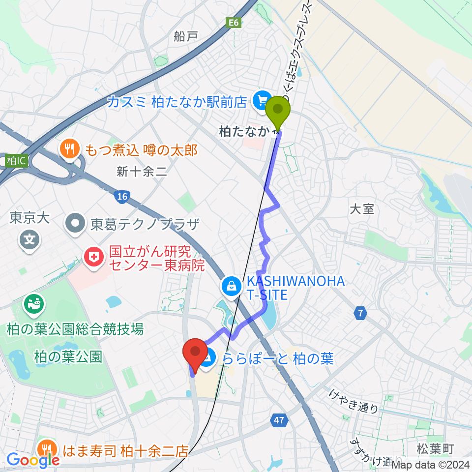 柏たなか駅から伊藤楽器ららぽーと柏の葉センターへのルートマップ地図