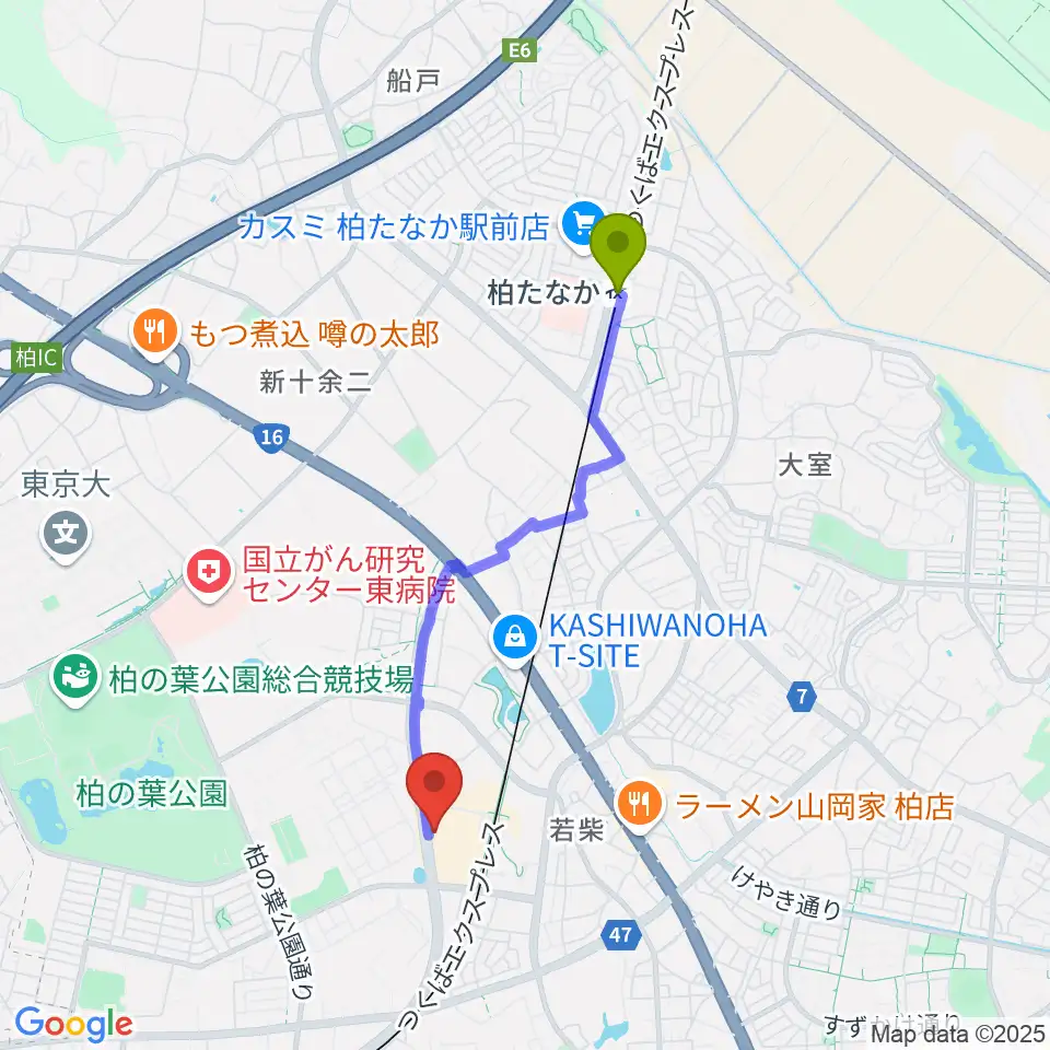柏たなか駅から伊藤楽器ららぽーと柏の葉センターへのルートマップ地図