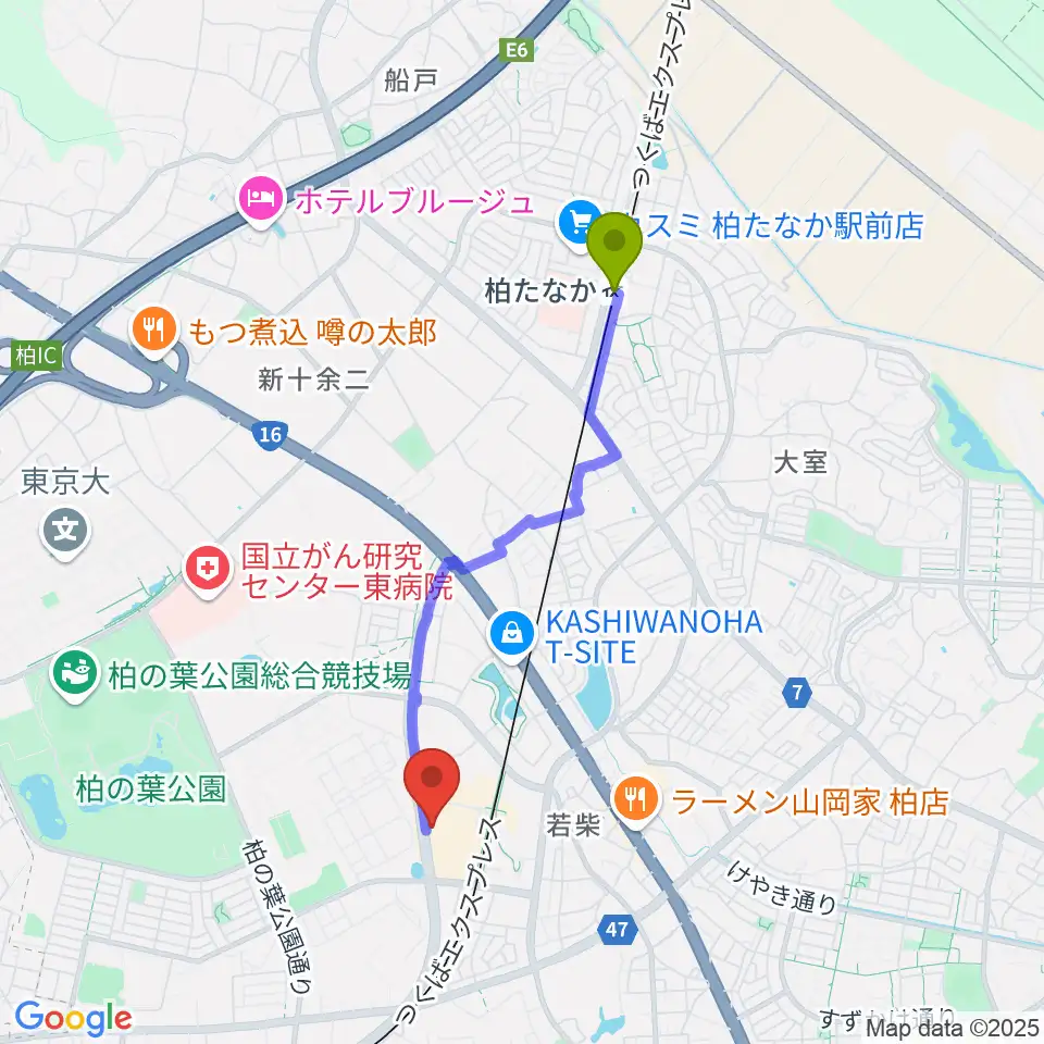 柏たなか駅から伊藤楽器ららぽーと柏の葉センターへのルートマップ地図