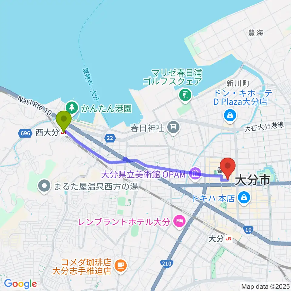 西大分駅から大分音楽館へのルートマップ地図