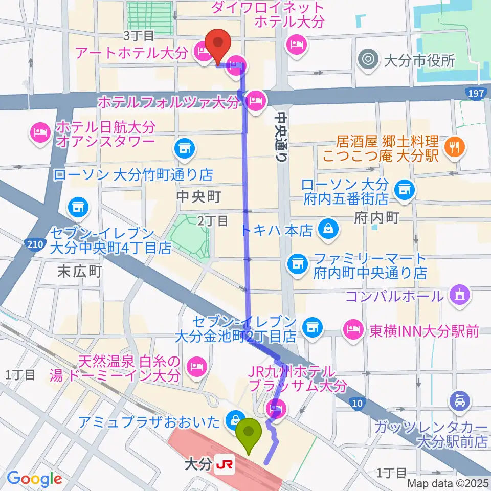 大分音楽館の最寄駅大分駅からの徒歩ルート（約13分）地図