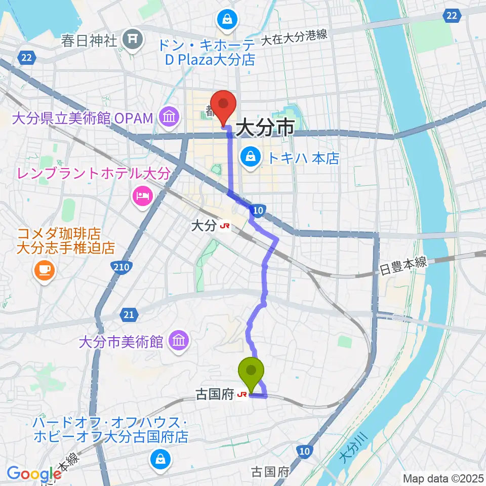 古国府駅から大分音楽館へのルートマップ地図