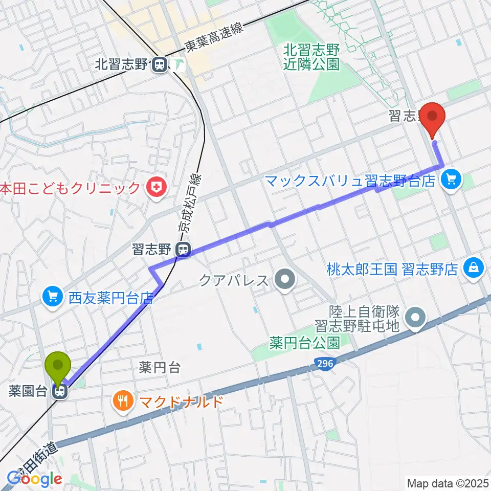 薬園台駅から伊藤楽器 ピアノシティ北習志野へのルートマップ地図