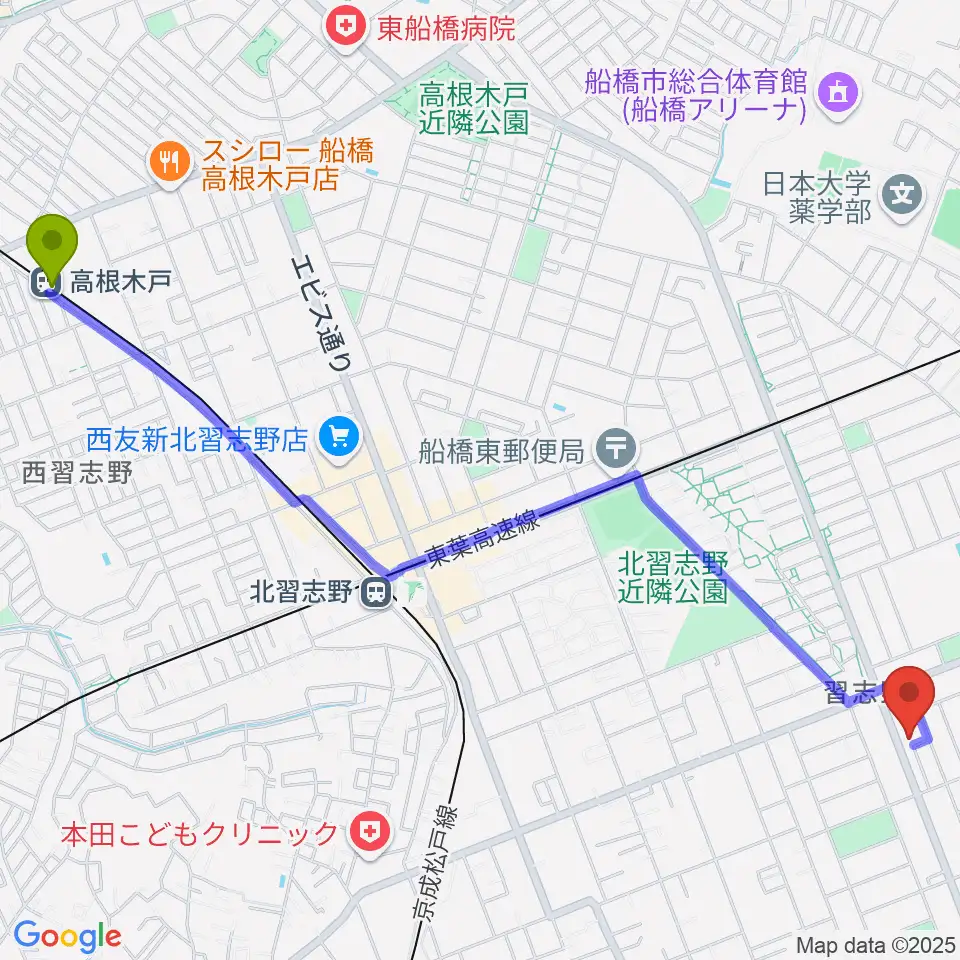 高根木戸駅から伊藤楽器 ピアノシティ北習志野へのルートマップ地図
