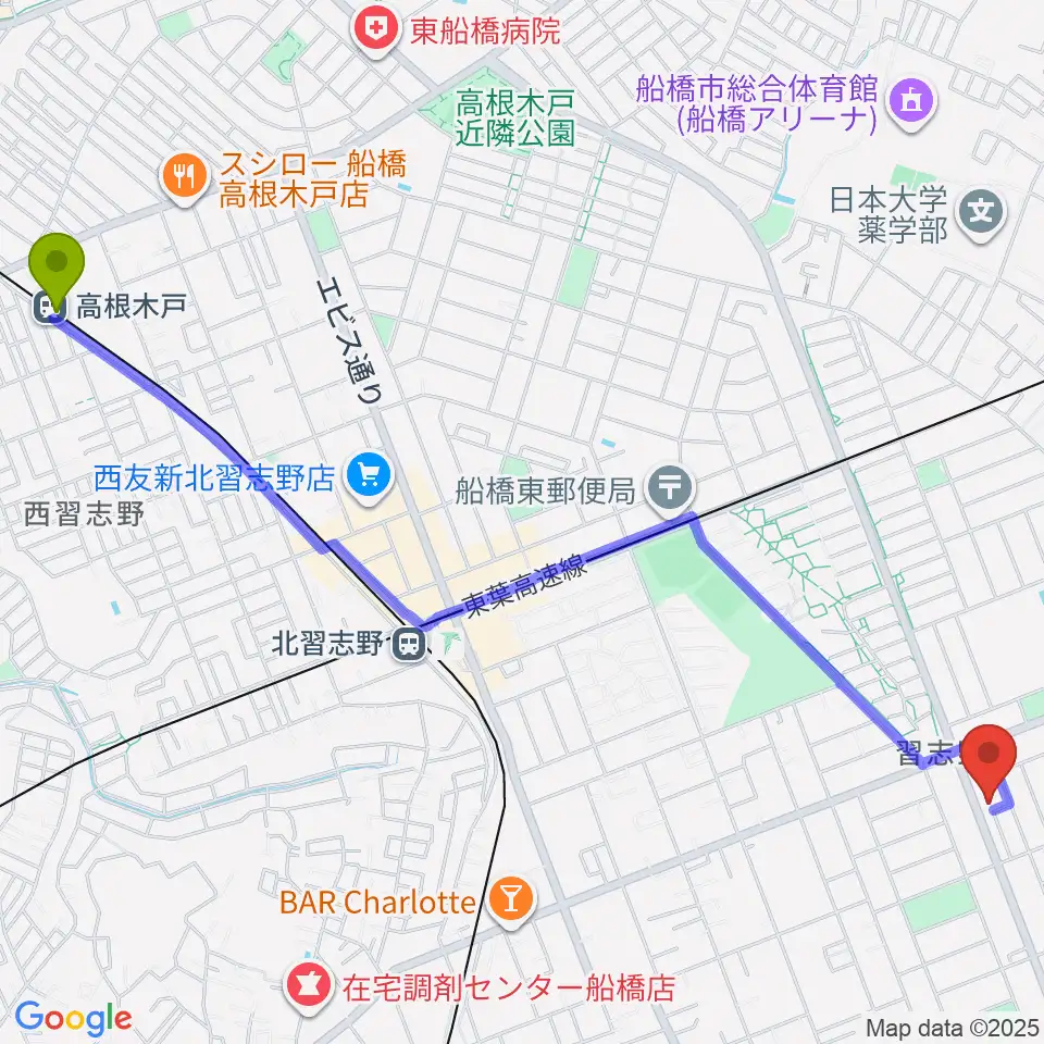 高根木戸駅から伊藤楽器 ピアノシティ北習志野へのルートマップ地図