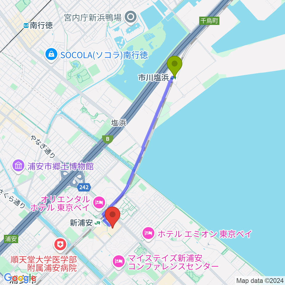 市川塩浜駅から伊藤楽器 新浦安センターへのルートマップ地図