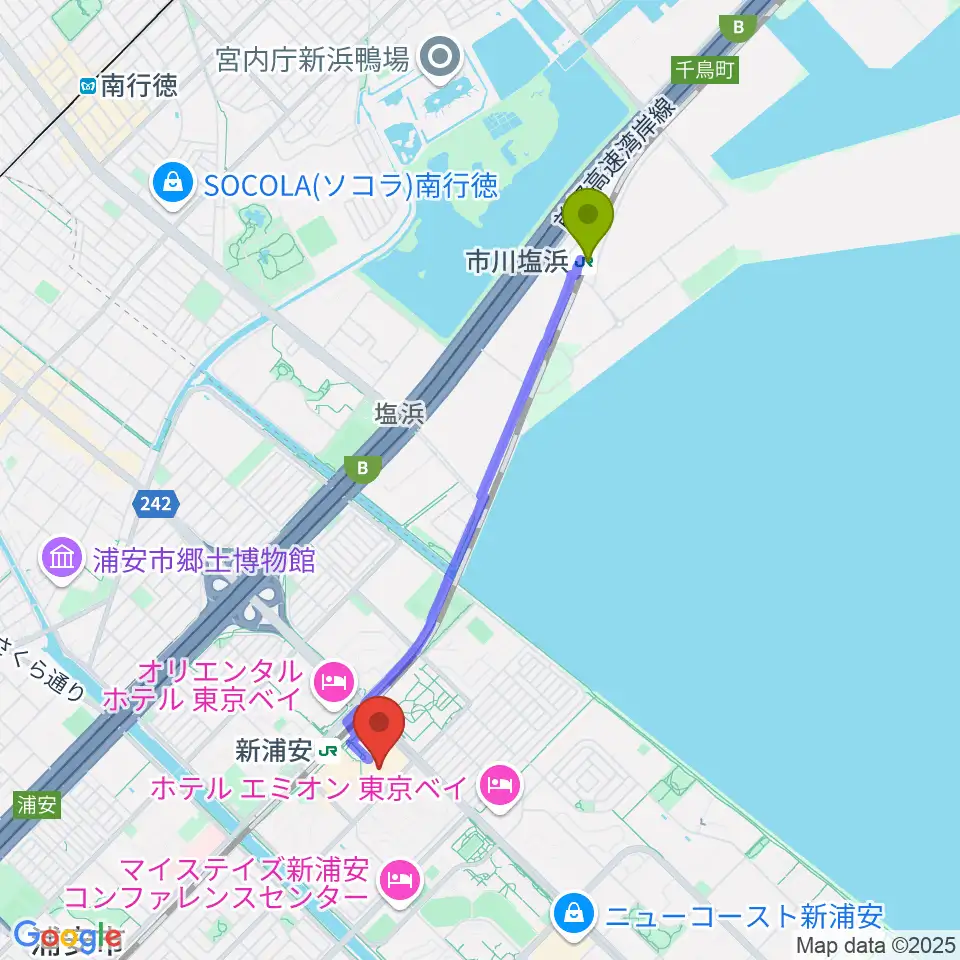 市川塩浜駅から伊藤楽器 新浦安センターへのルートマップ地図