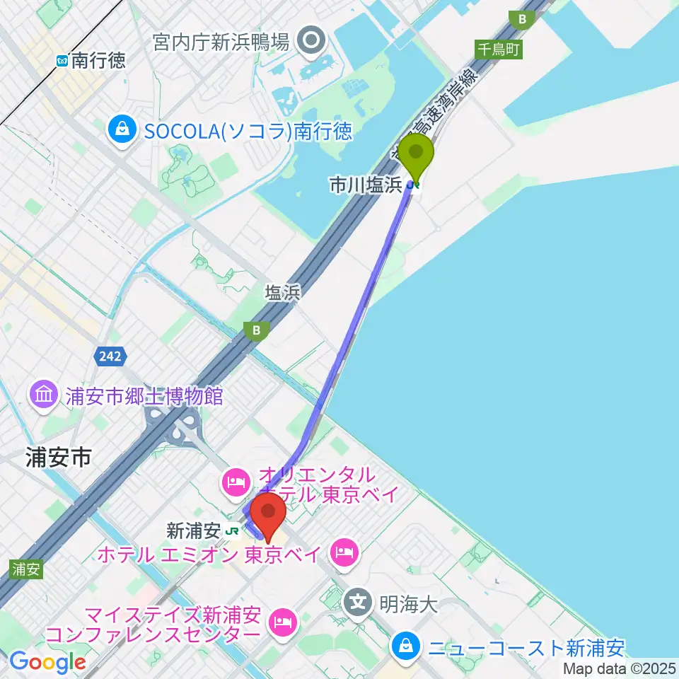市川塩浜駅から伊藤楽器 新浦安センターへのルートマップ地図