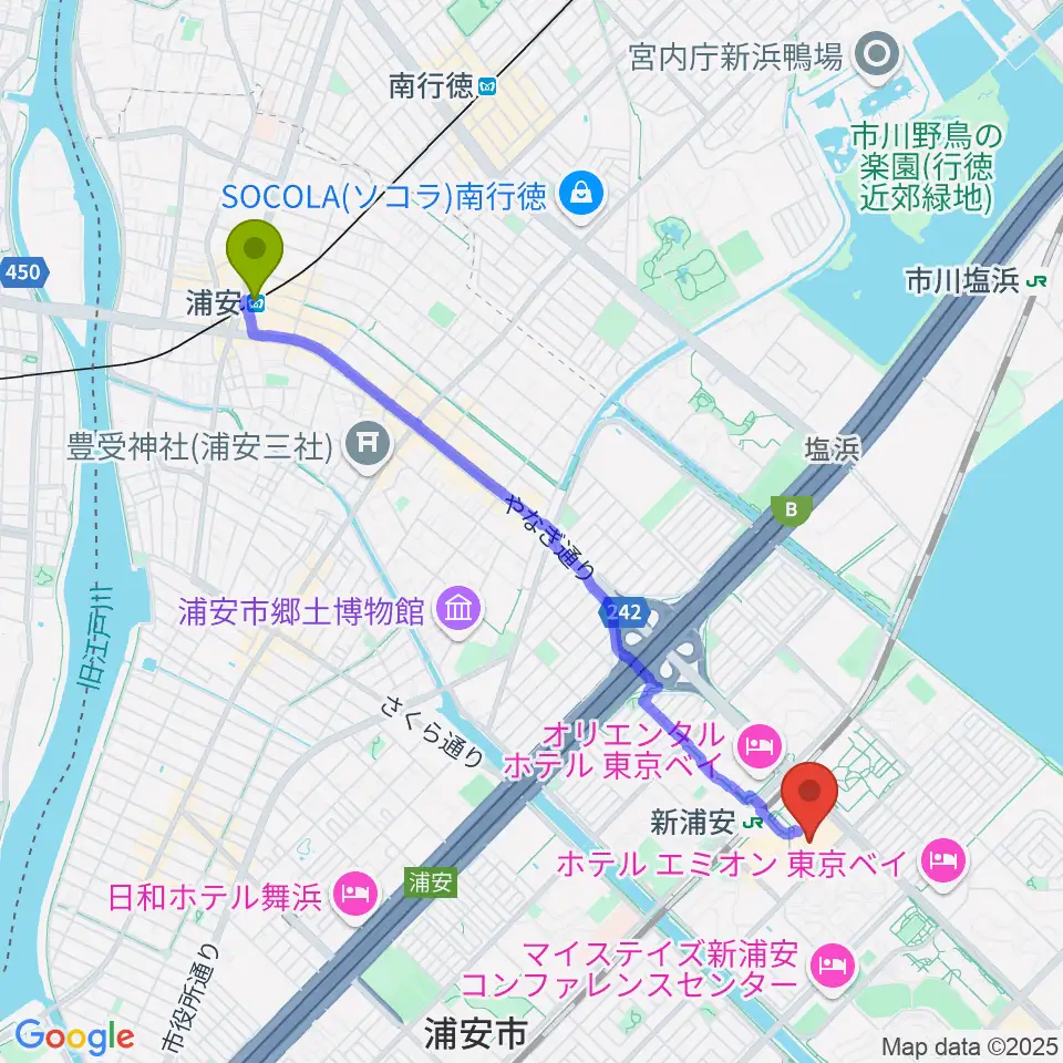 浦安駅から伊藤楽器 新浦安センターへのルートマップ地図