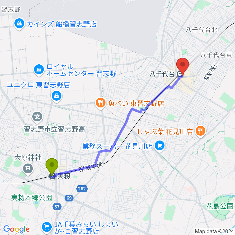 実籾駅から伊藤楽器 八千代台センターへのルートマップ地図