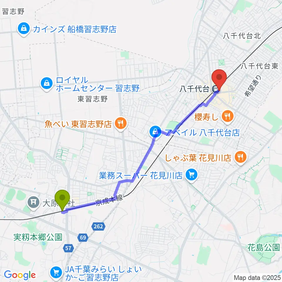 実籾駅から伊藤楽器 八千代台センターへのルートマップ地図