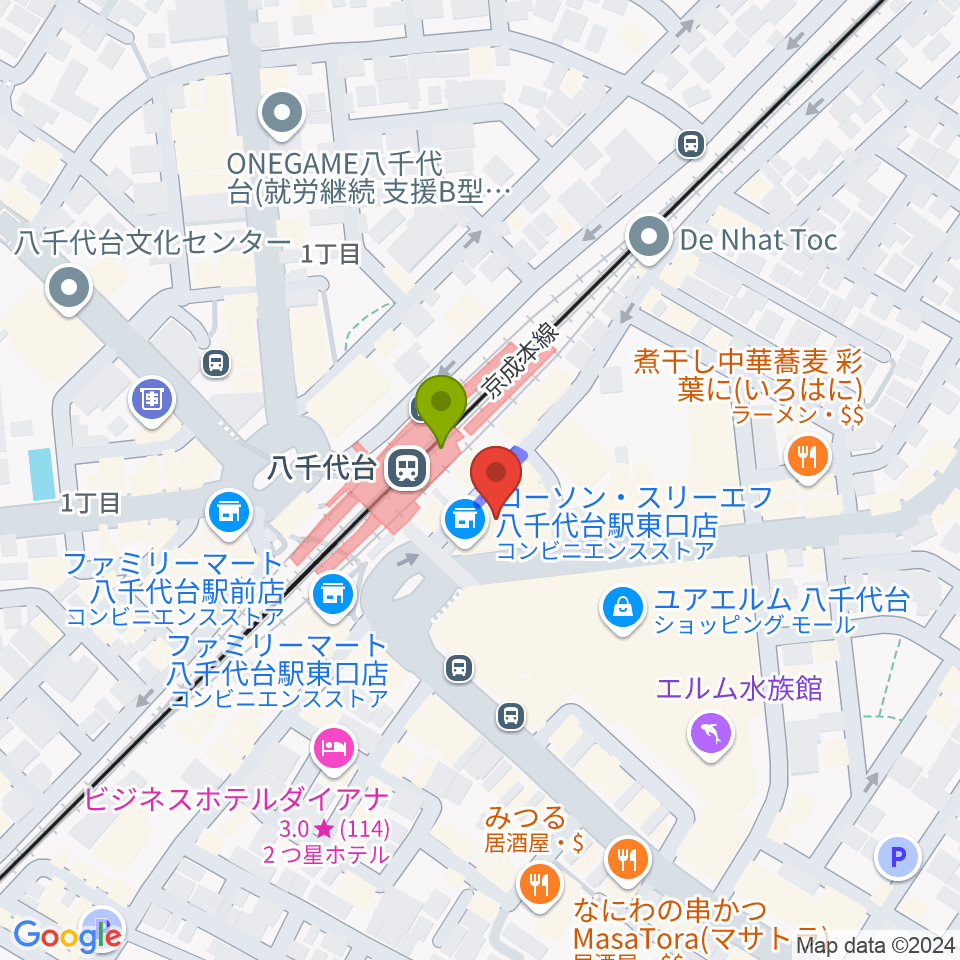 伊藤楽器 八千代台センターの最寄駅八千代台駅からの徒歩ルート（約1分）地図