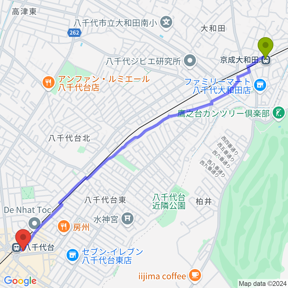 京成大和田駅から伊藤楽器 八千代台センターへのルートマップ地図