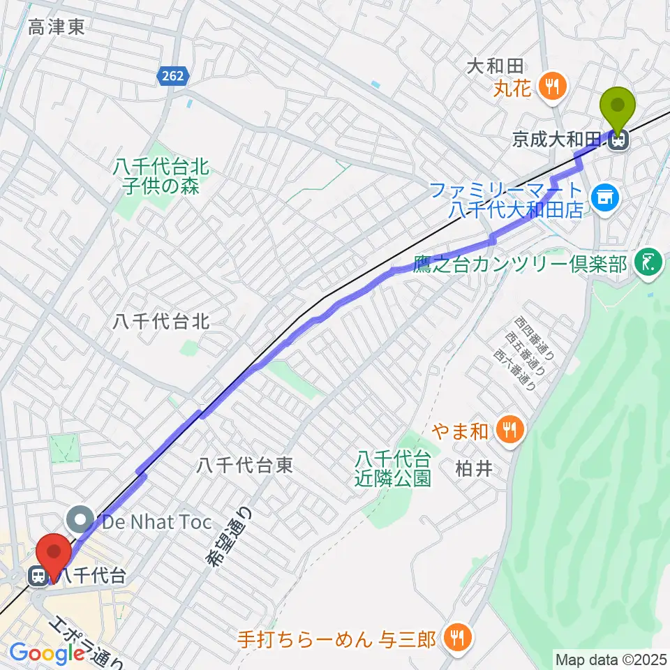 京成大和田駅から伊藤楽器 八千代台センターへのルートマップ地図