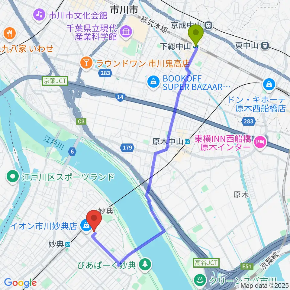 下総中山駅から伊藤楽器 妙典イオンセンターへのルートマップ地図