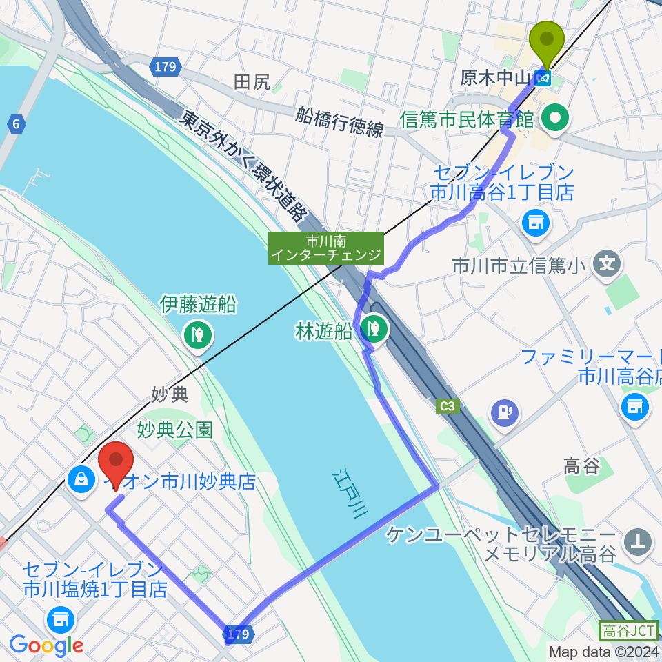 原木中山駅から伊藤楽器 妙典イオンセンターへのルートマップ地図