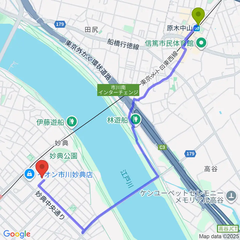 原木中山駅から伊藤楽器 妙典イオンセンターへのルートマップ地図