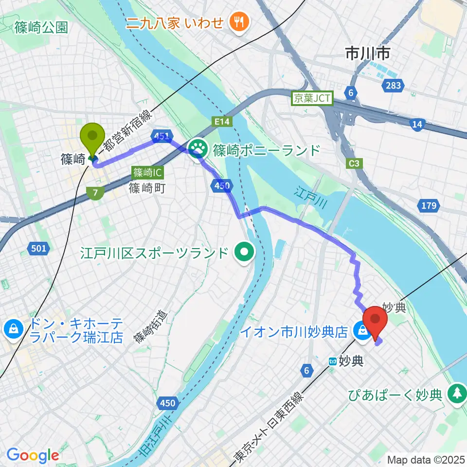篠崎駅から伊藤楽器 妙典イオンセンターへのルートマップ地図