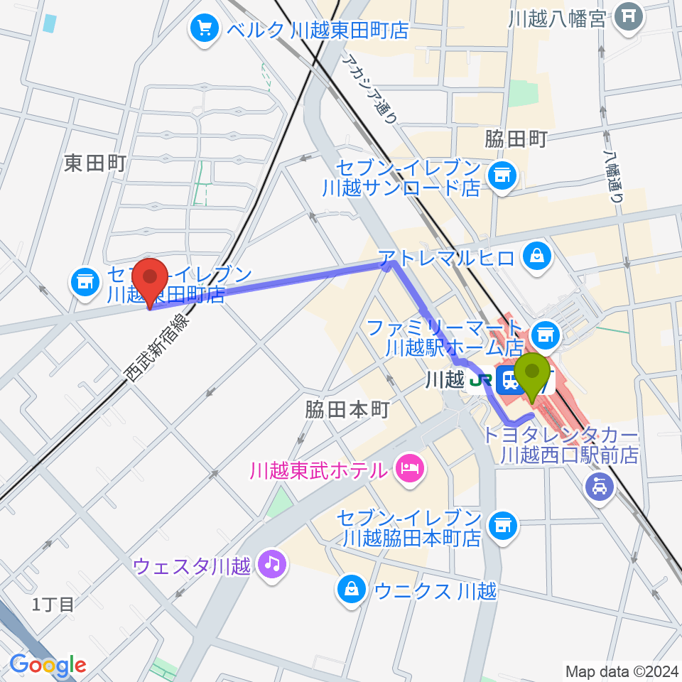 川越DEPARTUREの最寄駅川越駅からの徒歩ルート（約9分）地図