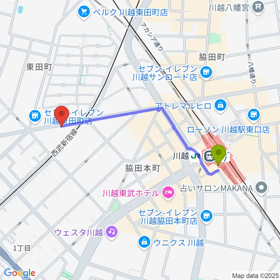 川越DEPARTUREの最寄駅川越駅からの徒歩ルート（約9分）地図