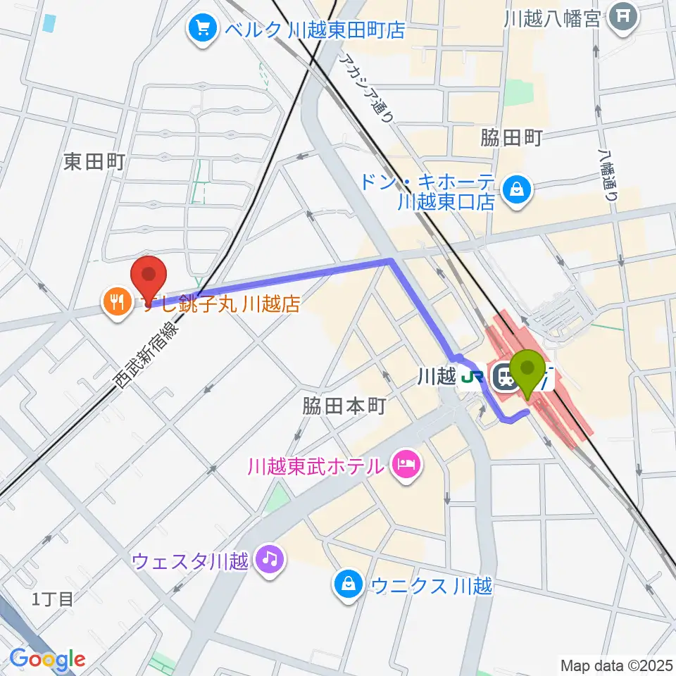 川越DEPARTUREの最寄駅川越駅からの徒歩ルート（約9分）地図